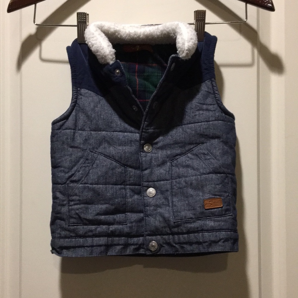 7 for all mankind quilted snap denim corduroy faux Sherpa flannel lined vest sz?